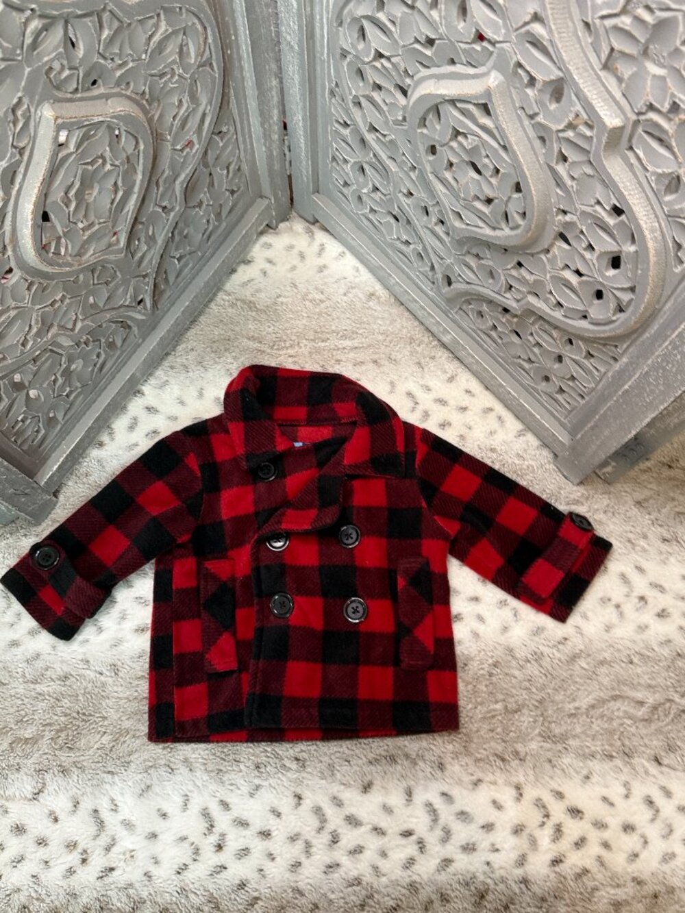 Red Black plaid jacket baby boys 18 months fleece pea coat winter Christmas